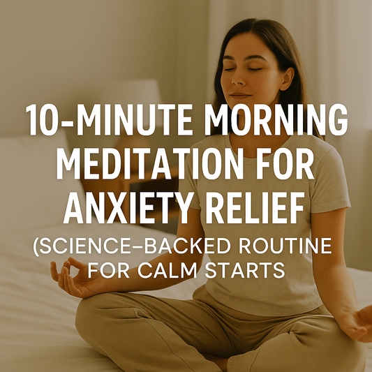 Woman sitting cross-legged in a calm, sunlit bedroom while meditating with eyes closed, with text overlay reading “10-Minute Morning Meditation for Anxiety Relief – Science-Backed Routine for Calm Starts.