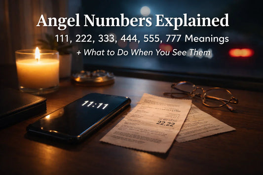 Angel Numbers Explained 111 222 333 444 555 777 meanings displayed on a night desk scene with a phone showing 11:11, a receipt with 22.22, and a candle beside a window under moonlight.