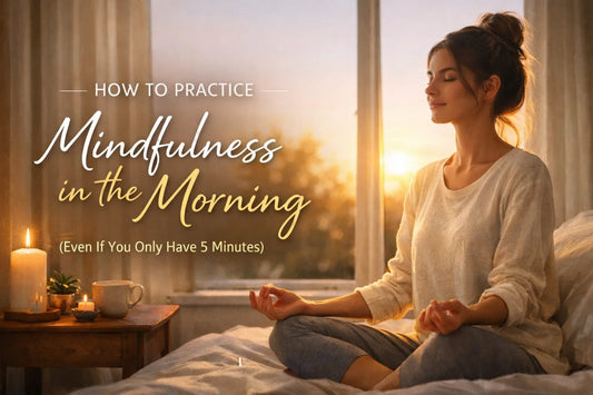 Woman meditating on bed in warm morning sunlight with text overlay about practicing mindfulness, illustrating a calm 5-minute morning mindfulness routine.