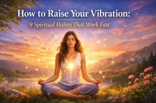 Woman meditating at sunrise with glowing heart energy, symbolizing how to raise your vibration through spiritual habits