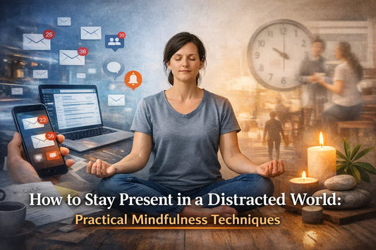 Woman meditating between digital distractions and a calm candle-lit space representing mindfulness in a distracted world