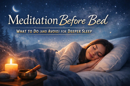 Peaceful woman practicing meditation before bed in a calm nighttime setting to support deeper, more restful sleep
