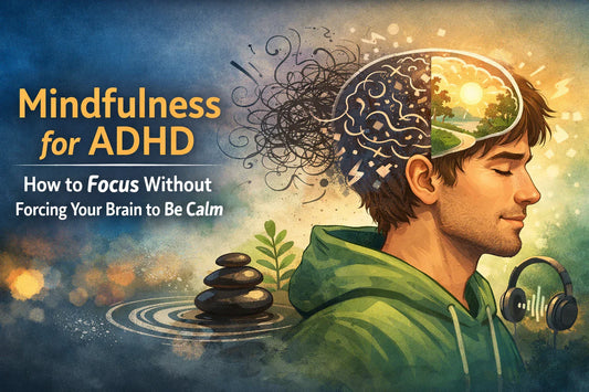 Illustration representing mindfulness for ADHD, showing a person focusing calmly while chaotic and peaceful brain states coexist, symbolizing attention without forcing calm.