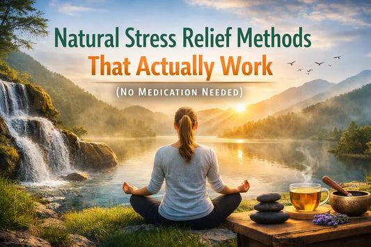 Woman meditating by a peaceful lake at sunrise representing natural stress relief methods that work without medication