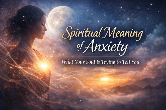 Spiritual meaning of anxiety illustrated as a woman meditating with glowing heart energy, symbolizing the soul’s message and inner healing