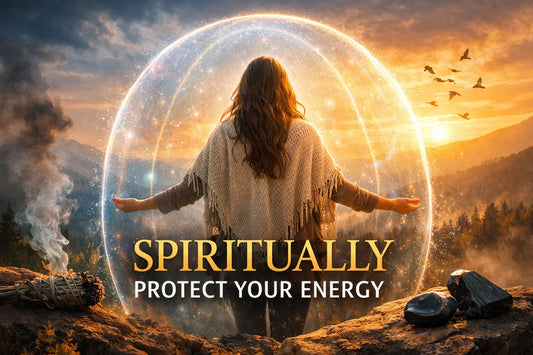 Woman surrounded by glowing energy shield at sunset representing spiritual protection and energy cleansing