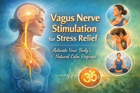 Illustration showing vagus nerve stimulation techniques for stress relief, including breathing, humming, meditation, and activating the body’s natural calm response