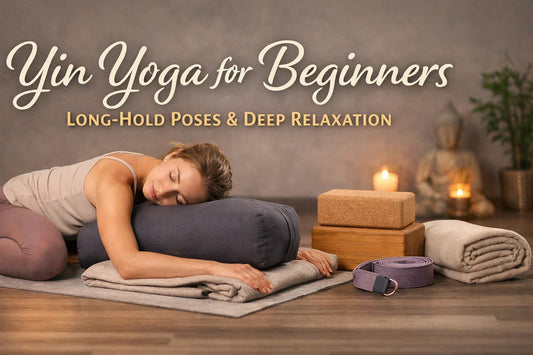 Yin yoga for beginners practicing supported child’s pose with bolster, blocks, and blanket in a calm studio setting for deep relaxation and stress relief.