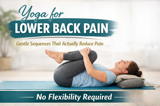 Woman practicing gentle yoga knee-to-chest pose for lower back pain relief, demonstrating beginner-friendly yoga with no flexibility required